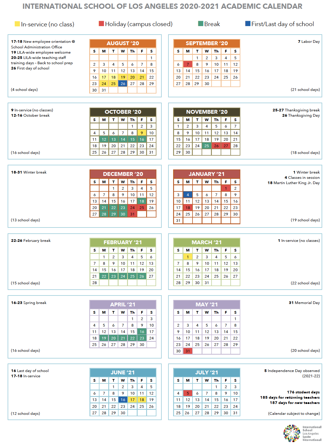 Lausd School Calendar 2021-2022 Calendar | International School of Los Angeles