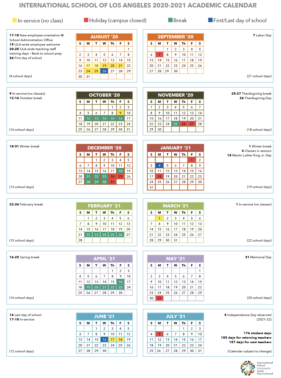 lausd 2021 2022 calendar Calendar International School Of Los Angeles lausd 2021 2022 calendar